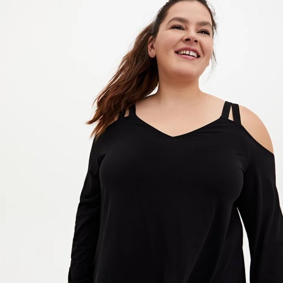 torrid Tops - TORRID BLACK CREPE BALLOON SLEEVE COLD SHOULDER BLOUSE